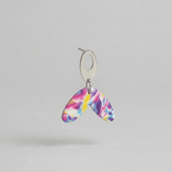 Close-up of rainbow butterfly drop earrings made from polymer clay, showing the colors, texture, and stainless steel hardware.