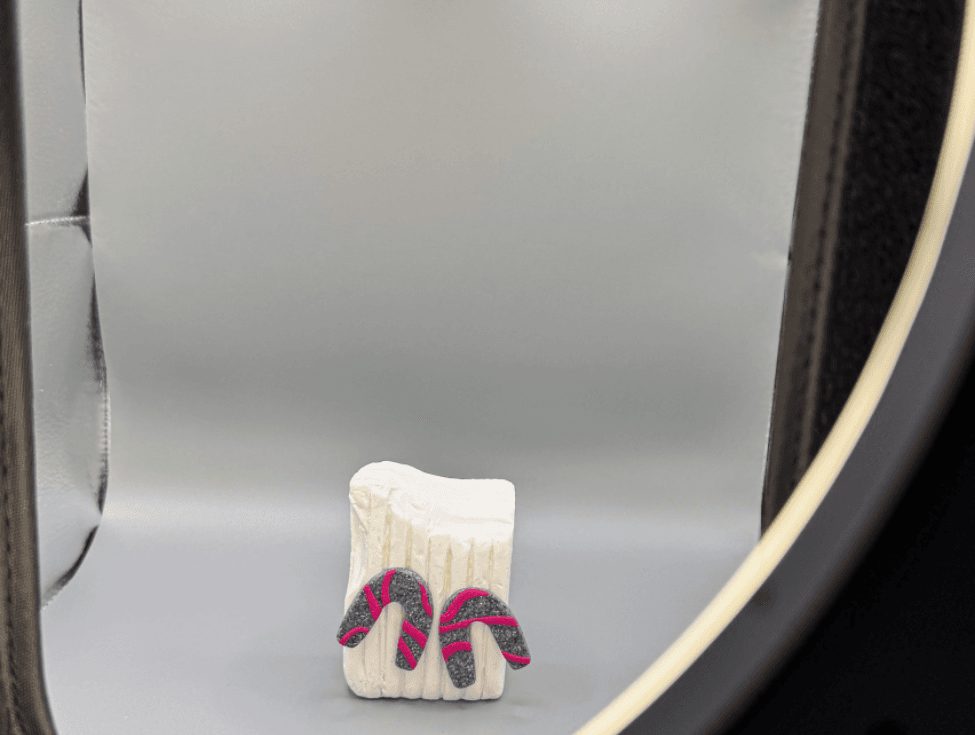 A pair of handmade botanical polymer clay earrings positioned inside a professional white photography lightbox with LED strip lighting.