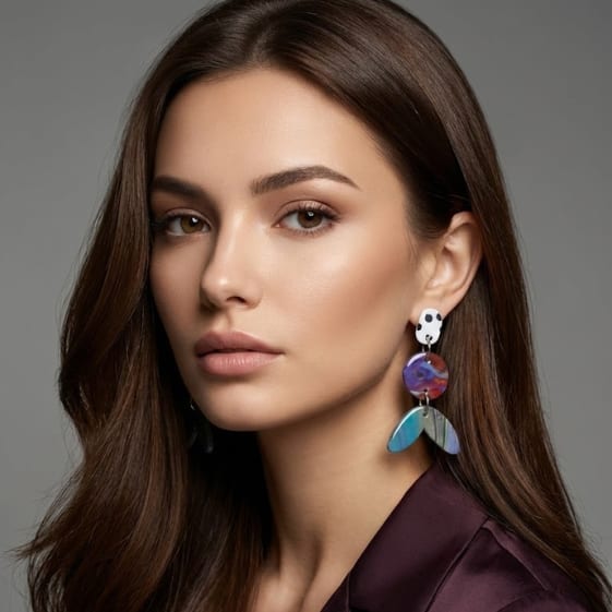 Model trägt Statement-Ohrringe mit weiß gepunktetem Stecker, marmorierter violett-roter runder Scheibe und türkis-blau marmoriertem, schwanzförmigem Anhänger.
